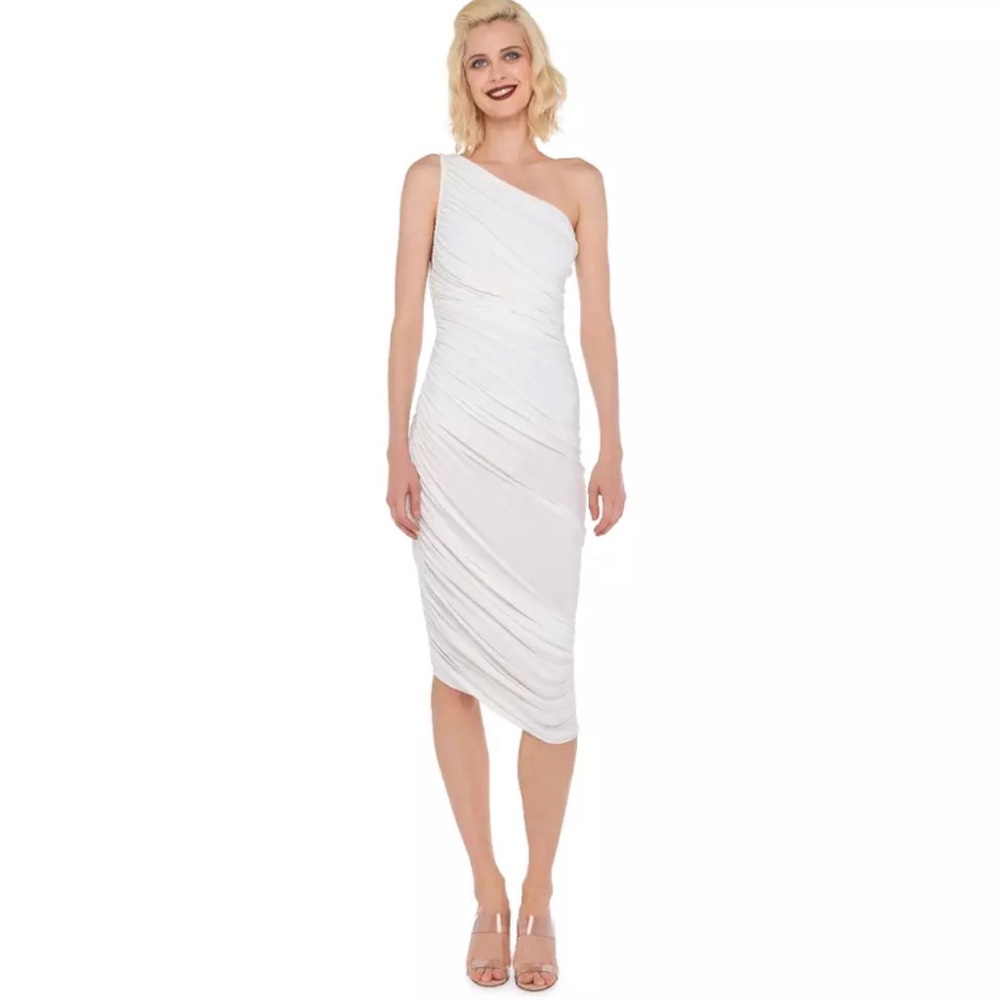 Norma Kamali Diana White Off Shoulder Shirred Stretchy Fitted Midi Dress sz S